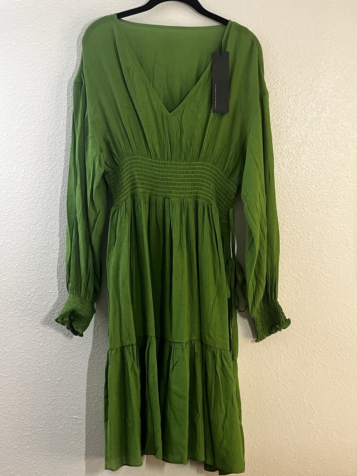 NWT PEASANT Boho Smocked Dress Ruffle Tiered Hem, LANTERN SLEEVE Green XXL