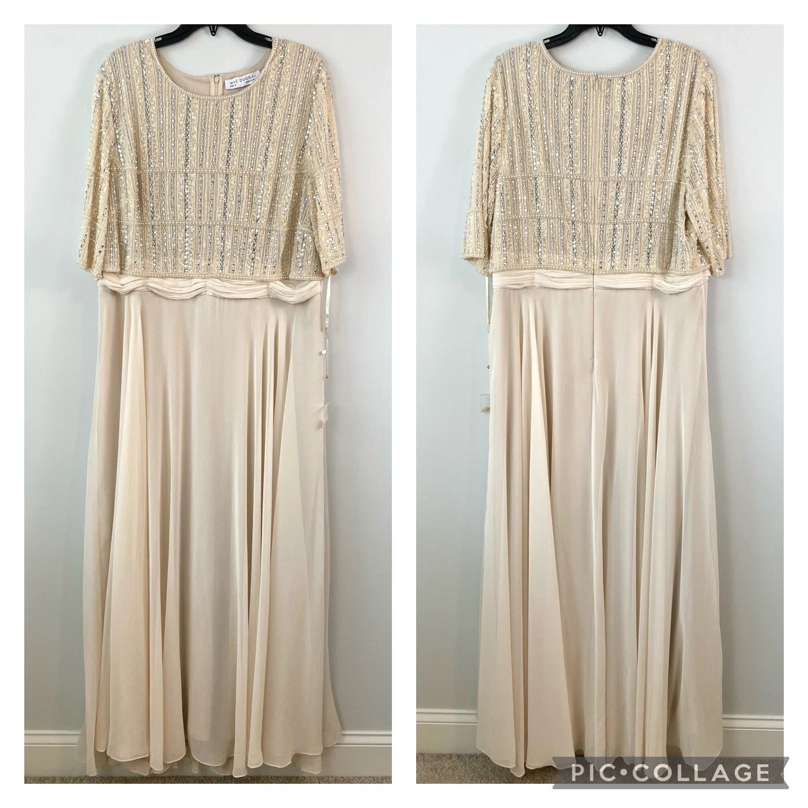 NWT Mac Duggal 9180 Beaded Bodice Chiffon Gown Nude Dress Champagne Ivory Sz 18