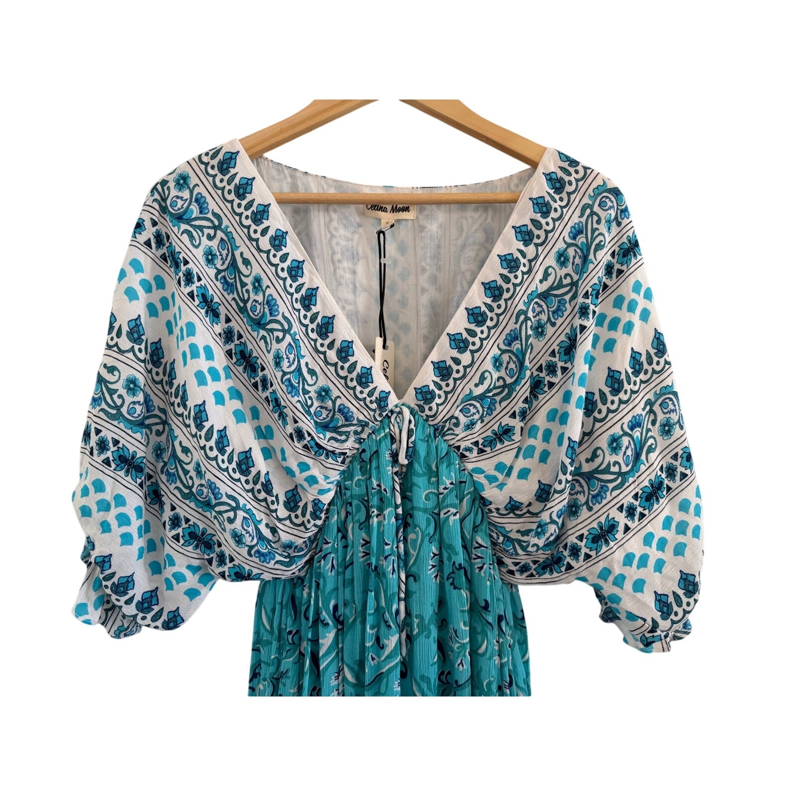 NWT Celina Moon Ariel Mini Kimono Dress Blue V-neck Medium Beach Boho Fairy