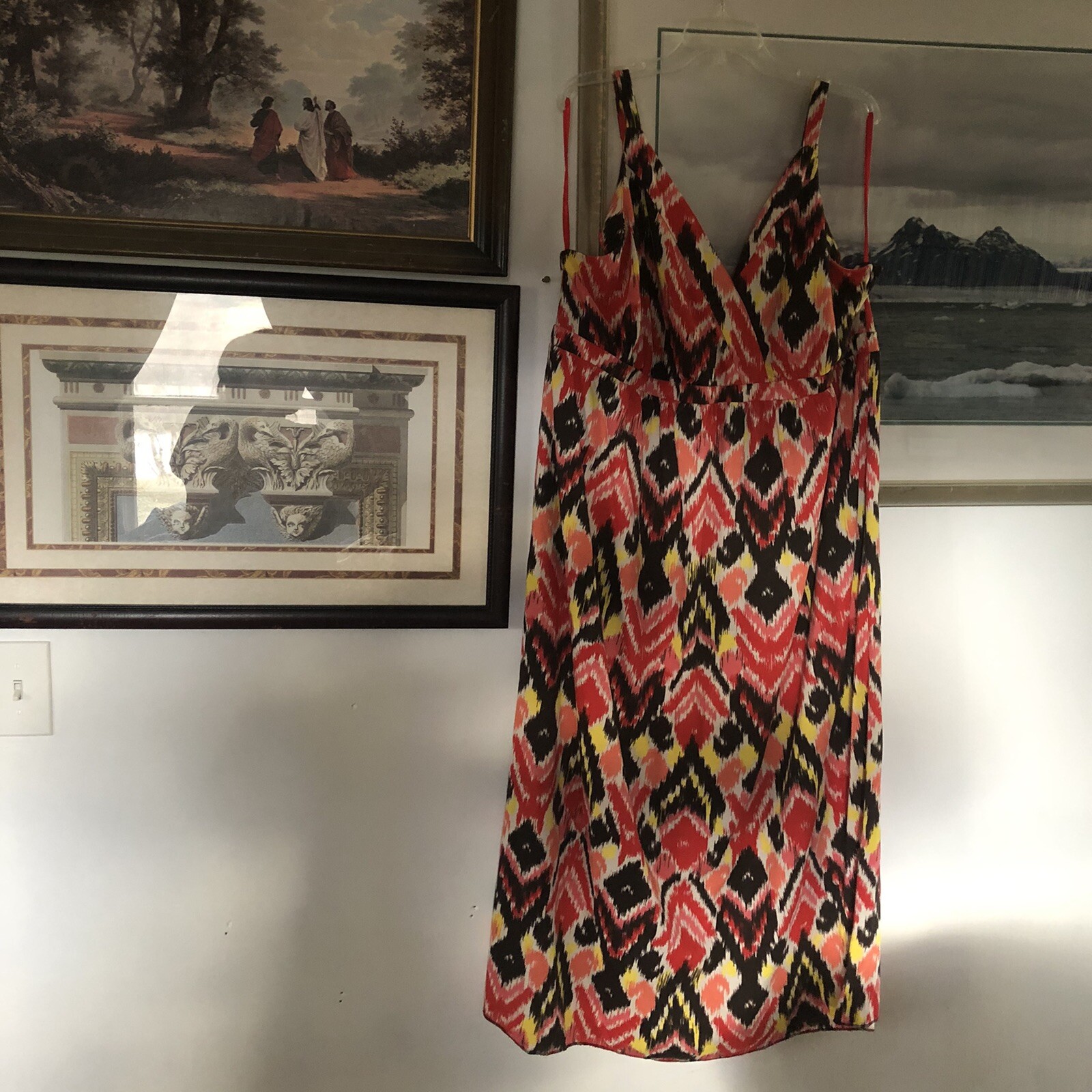 Fashion Bug Red Brown yellow ikat print maxi dress sleeveless Plus Size 3X A1303