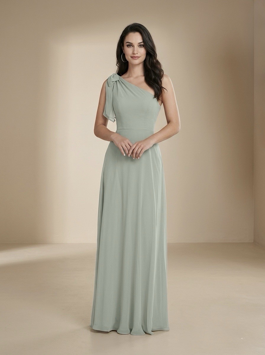 After Six by Dessy Draped 1-Shoulder Maxi Dress w/Scarf Bow, Willow Green Size 2