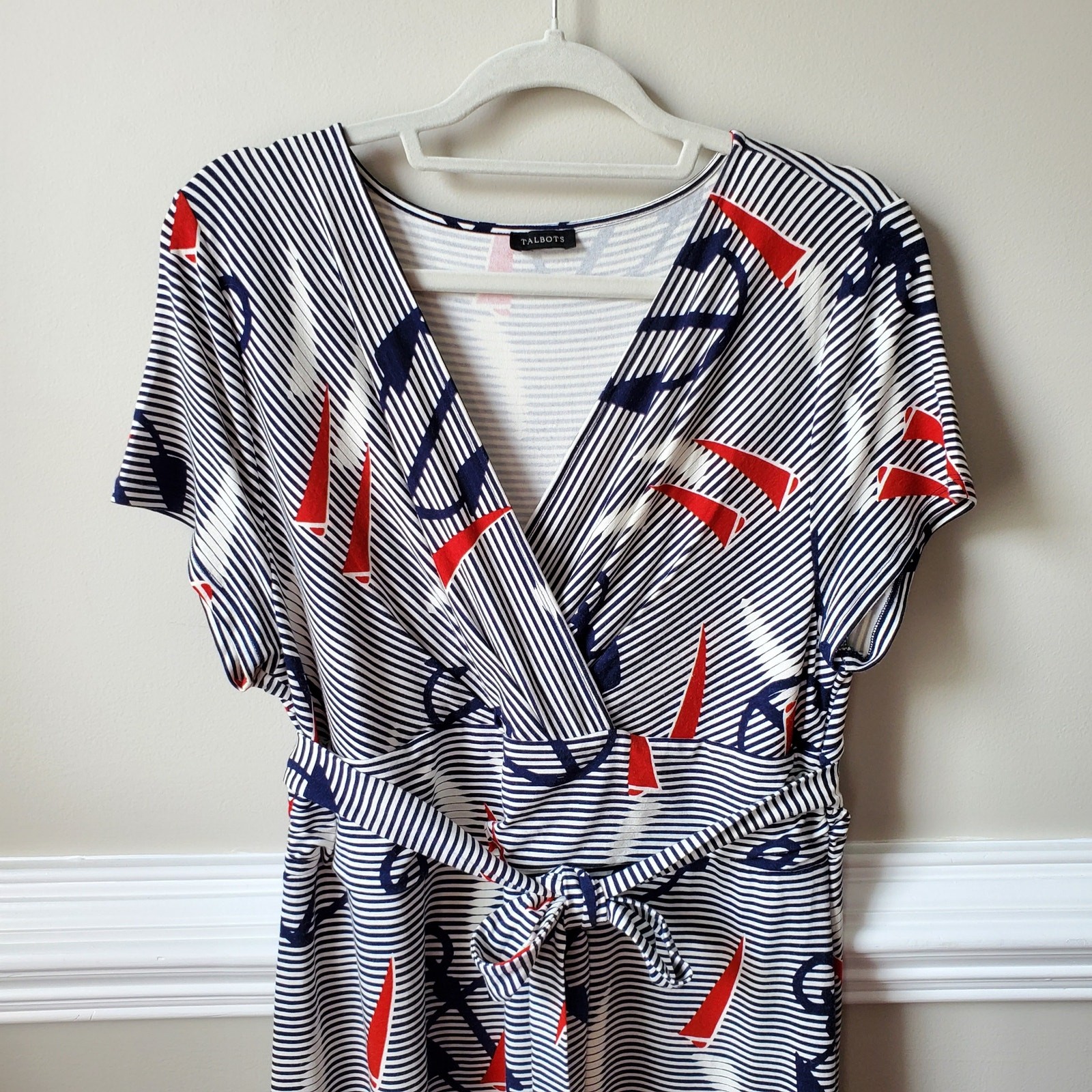 Talbots Blue White Nautical Midi Dress L Classic Casual Career Preppy Stretch