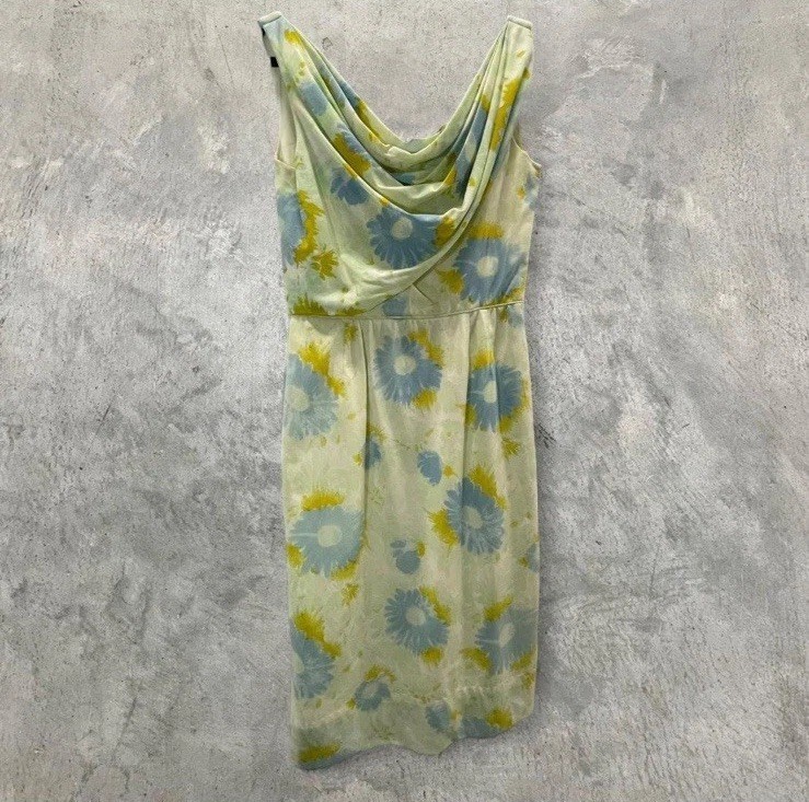 Vintage 60s Floral Midi Dress Size Small Cowl Neck Watercolor Blue Yellow Green