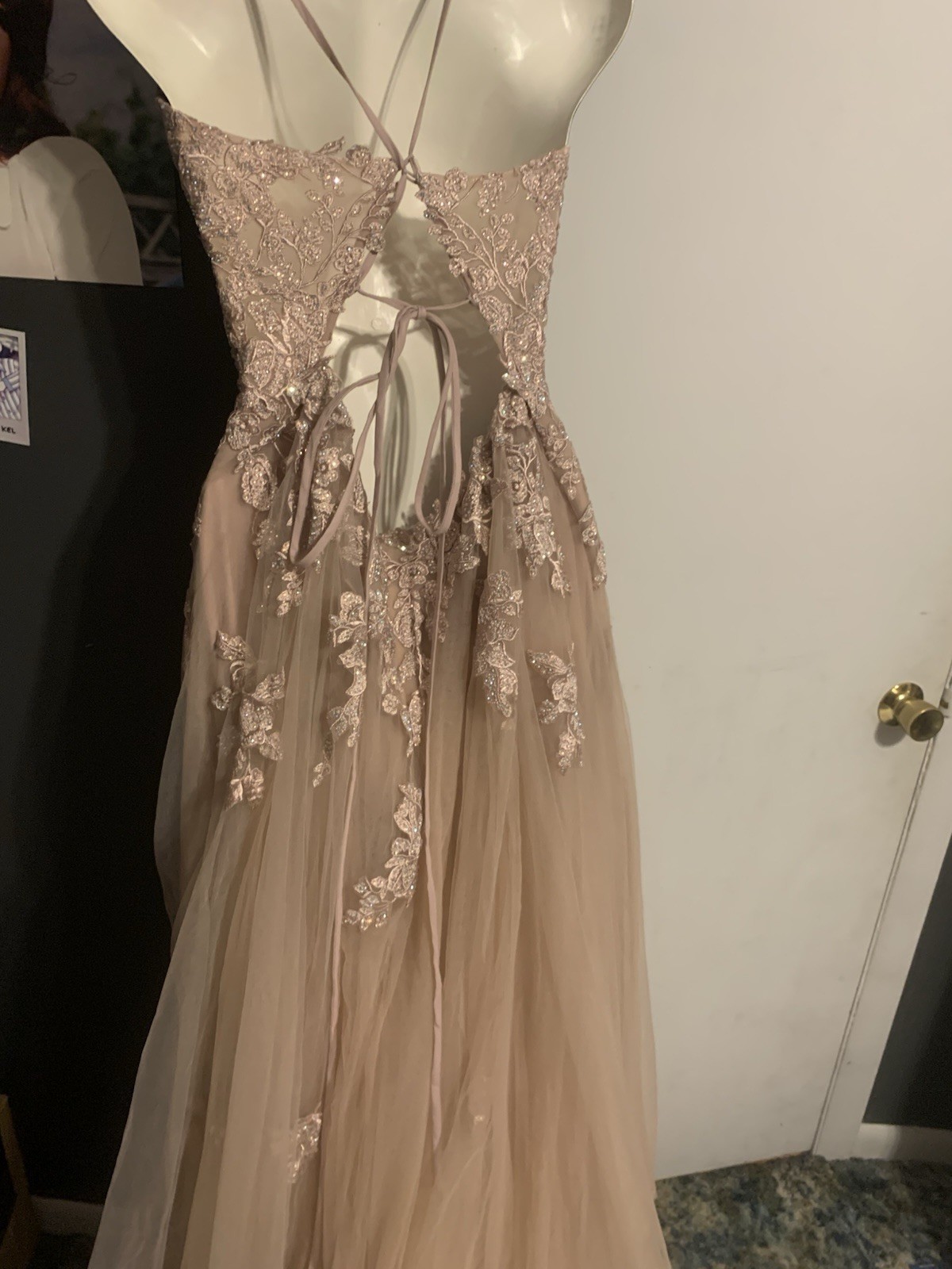 Beige Tulle Floral Embroidered Beaded Sequin V-Neck Long Lace-Up Gown S