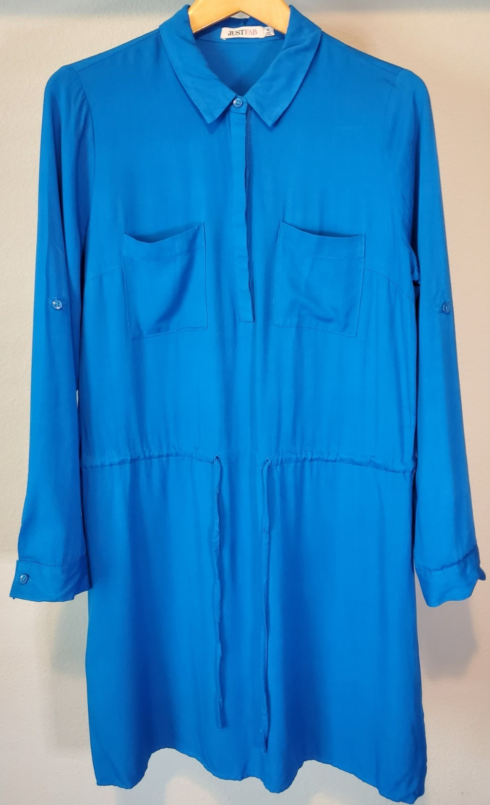 JustFab Blue Shirt Dress M Drawstring Waist Tab Sleeve Rayon Pockets