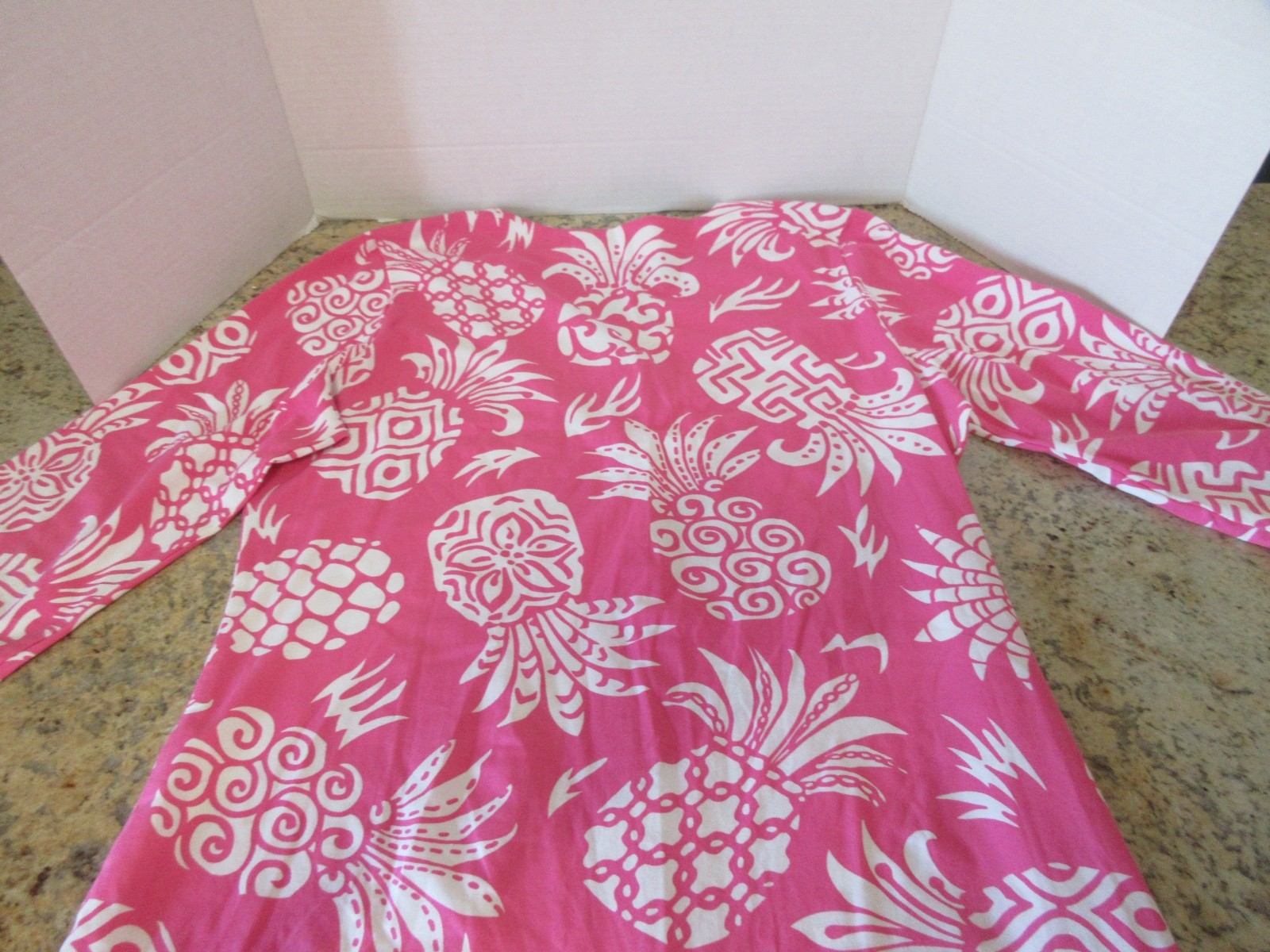 BARBARA GERWIT Sz L Pink White Pineapple Design 3/4 Sleeve V-Neck Dress- Ex Cond
