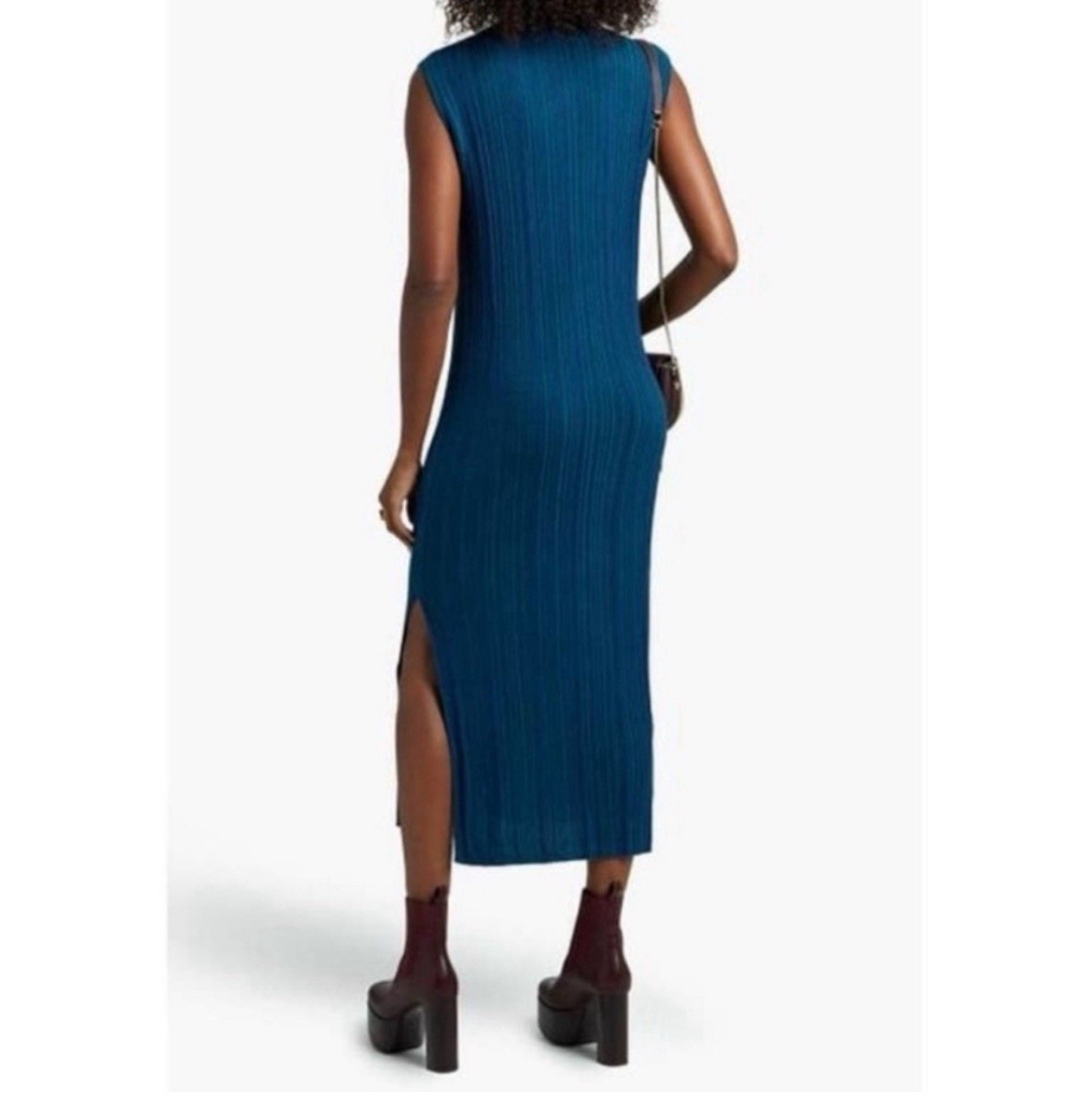 Naadam Blue Combo Ribbed Maxi Dress Cashmere Silk Sleeveless Size L Quiet Luxury