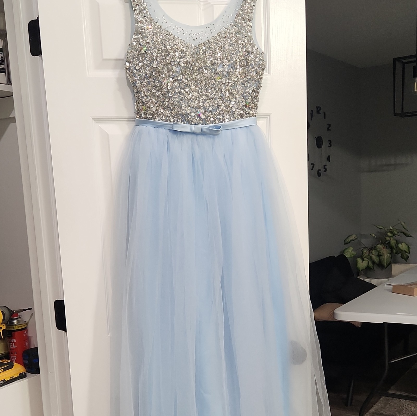 Blue Tulle Long Formal Gown, Silver Sequin Bodice, Satin Bow, Size 4