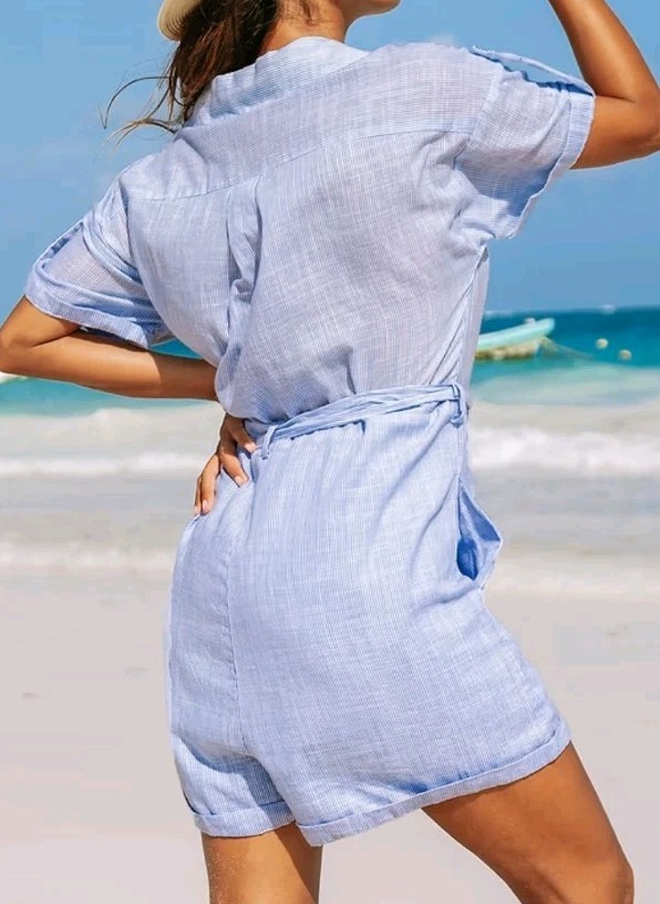 Cupshe Womens Blue Pinstripe Button-Up Collared Romper, Extra Large
