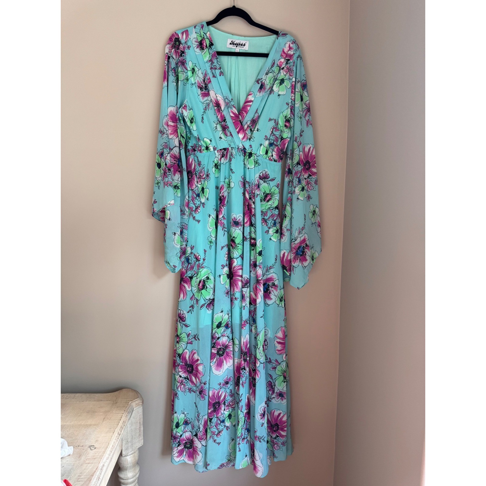Meghan Fabulous Los Angeles Aqua Floral Maxi Dress Bell Sleeve MEG8352 L
