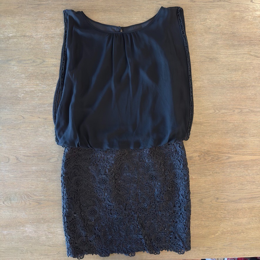 AIDAN MATTOX 100% SILK Chiffon Floral Lace Blouson Cocktail Mini Dress-Black-6