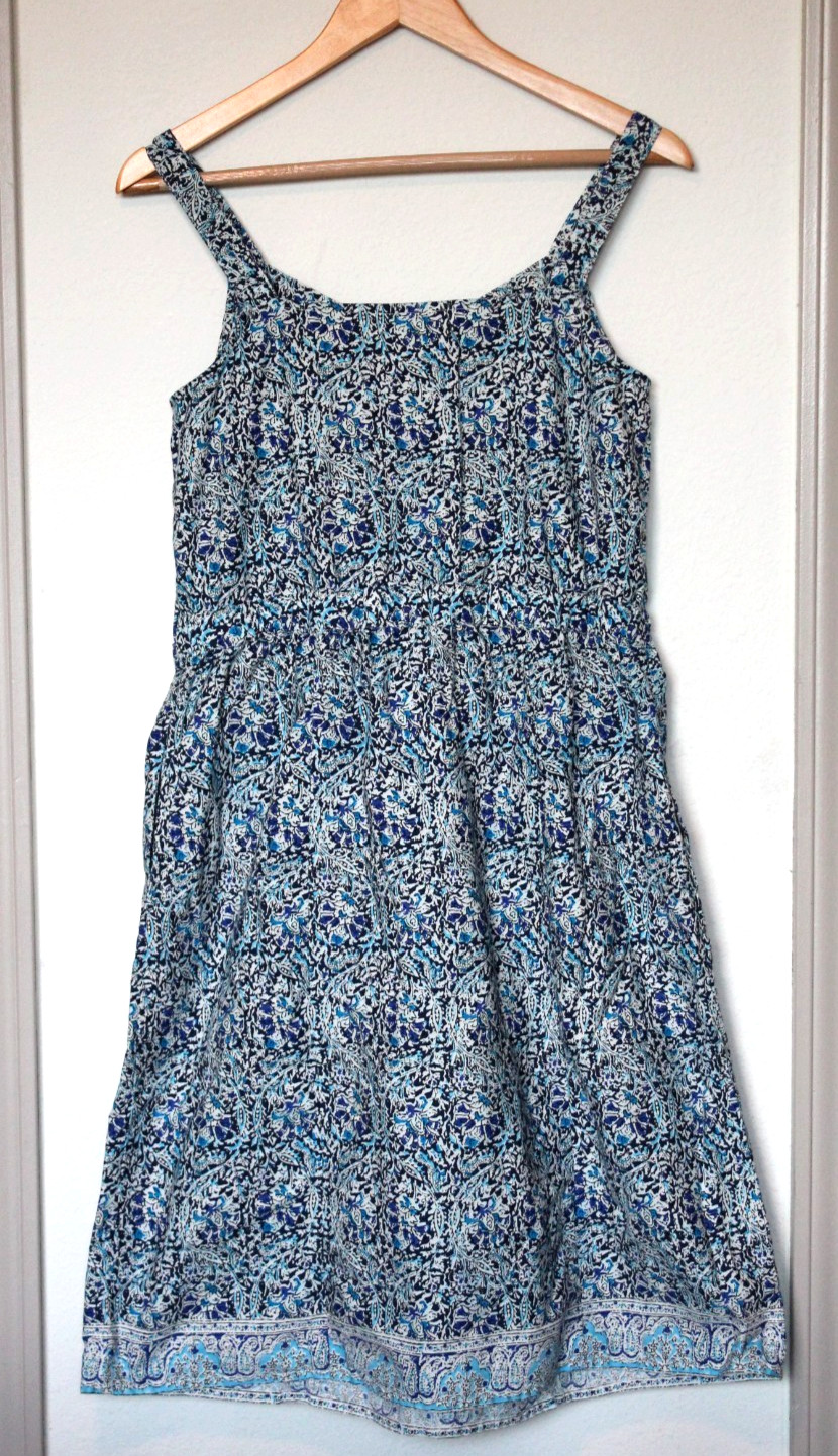 Vtg 100% Cotton Women’s Tank Dress 6 S Tie Waist Blue Floral GH Bass Pockets
