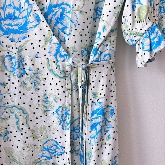 Miss Selfridge Allover Floral Print Cutout Back Wrap Midi Dress Blue Size 12