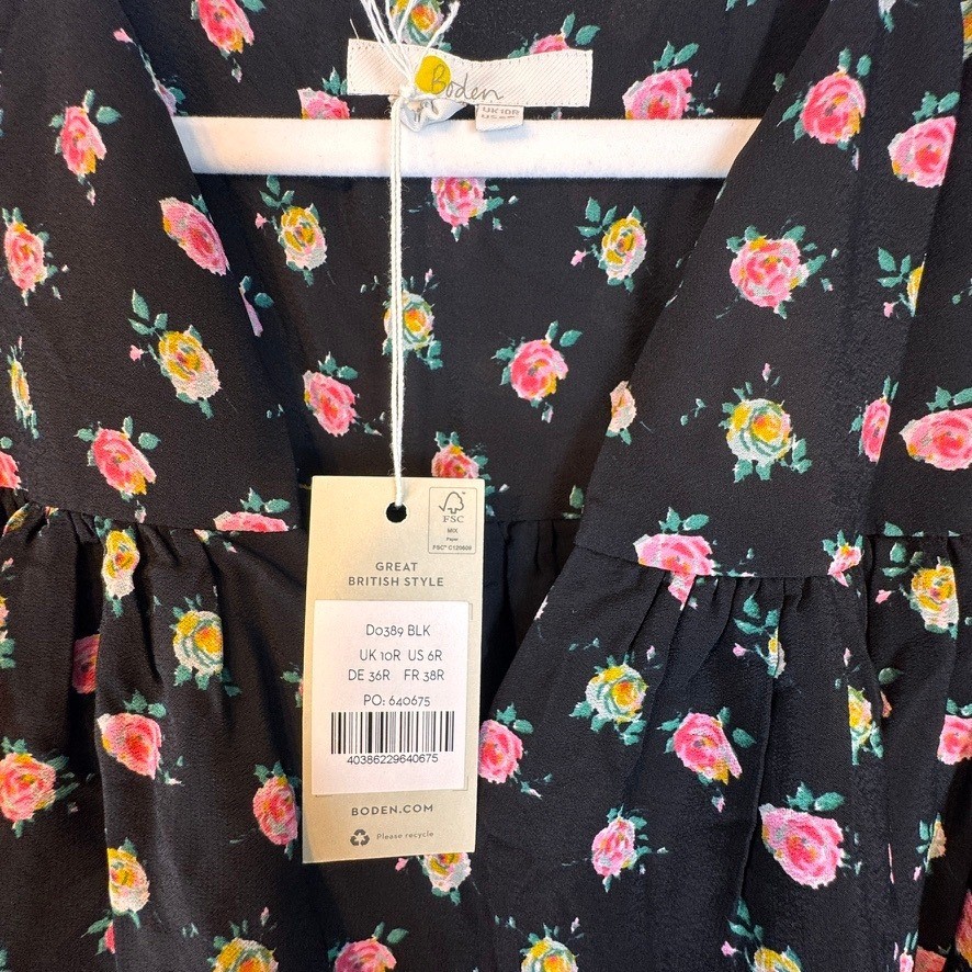 Boden Black Floral Rose V-Neck Midi Dress Long Sleeve Tie Waist D0389 Womens 6R