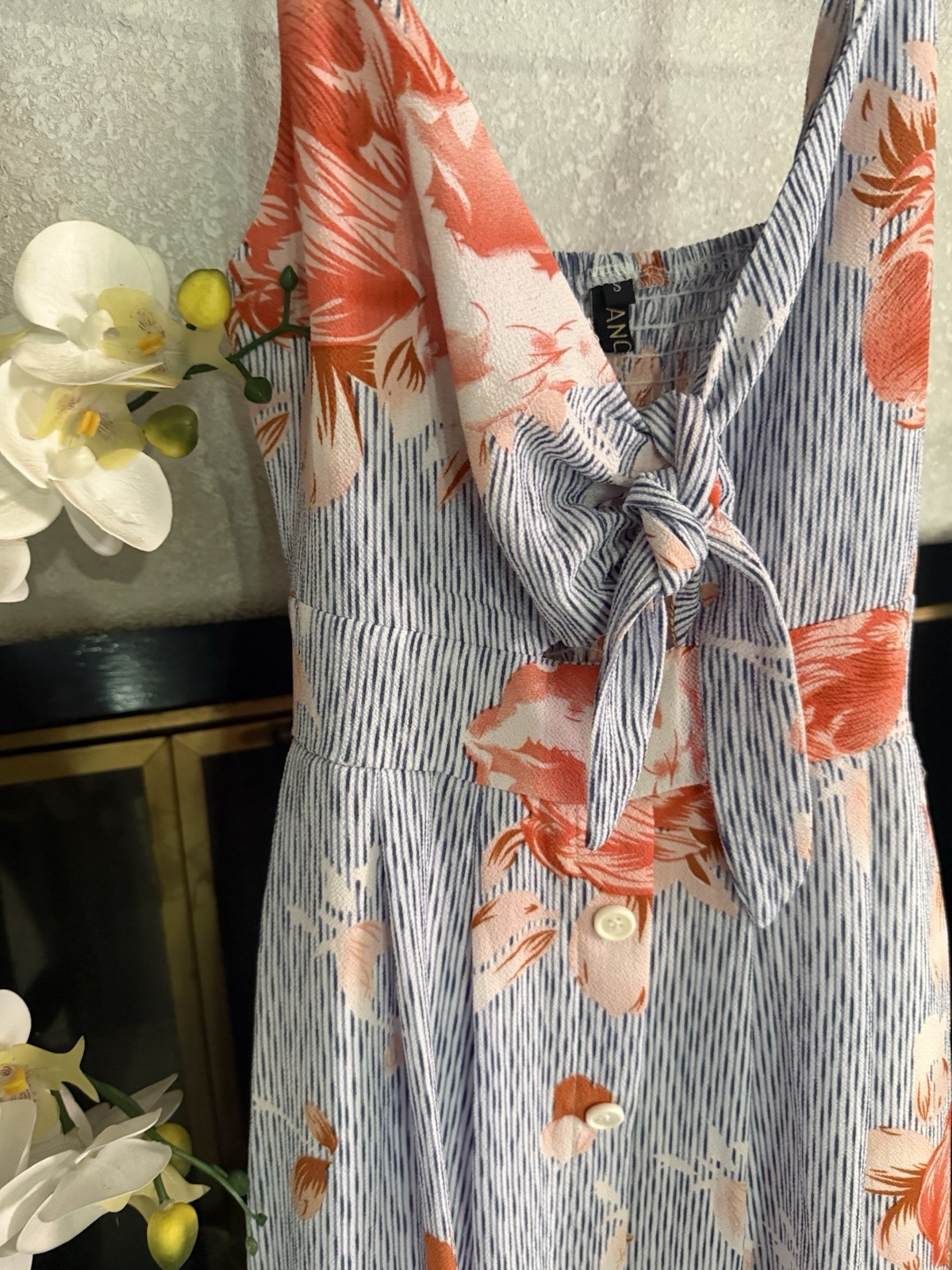 FANCYINN Women’s Sun Dress Size S, Tie Front, V-Neck, Spaghetti Straps