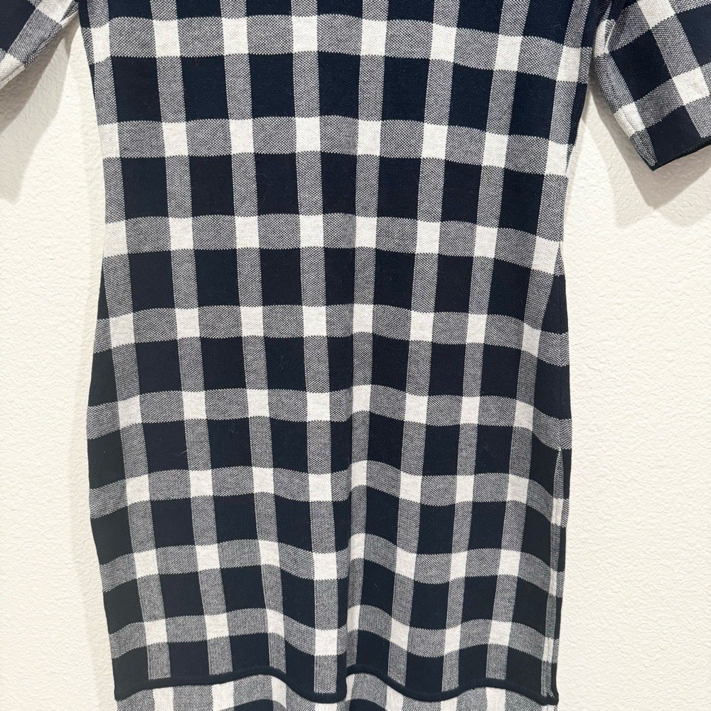 banana republic black white gingham knit short sleeve sweater dress flounce hem