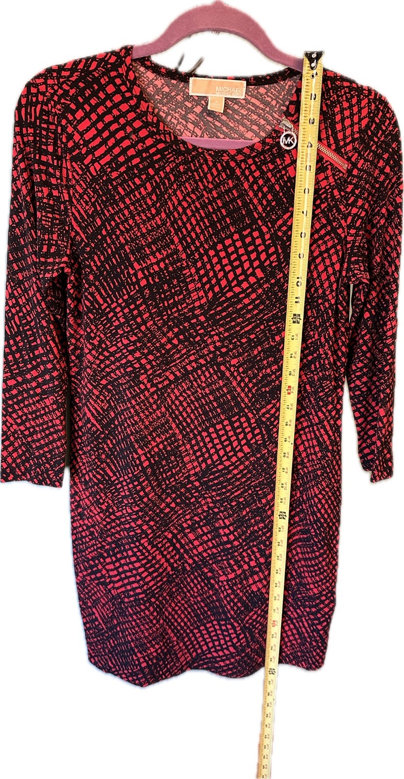 MICHAEL KORS RED PLAID GRID PRINT SLINKY LOGO ZIPPER SHOULDER SHIFT DRESS SZ S