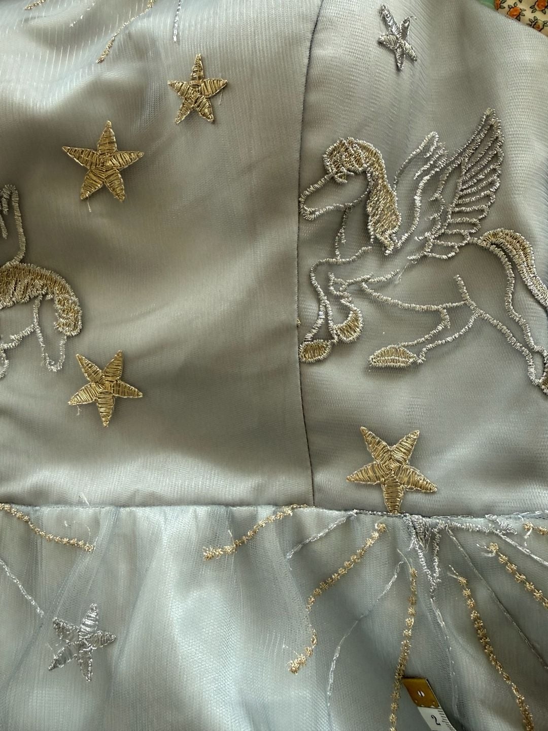 Celestial Pegasus Star Moon Embroidered Tulle Party Dress Gray M NWT