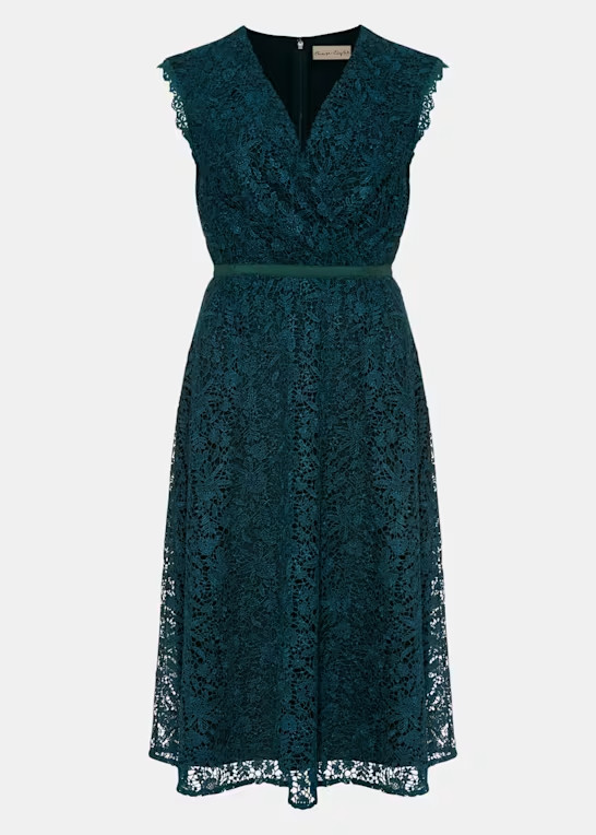Phase Eight Dress Ester Lace Fit And Flare Belted Dark Green UK 14 RRP £150