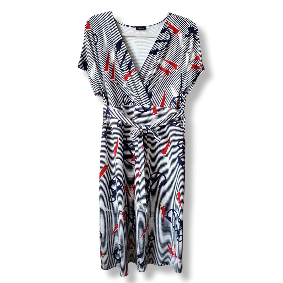 Talbots Blue White Nautical Midi Dress L Classic Casual Career Preppy Stretch