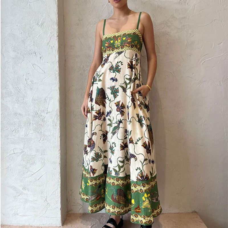Spring Women’s New Style Elegant High Waist Printed Strap Casual Fashion Dress