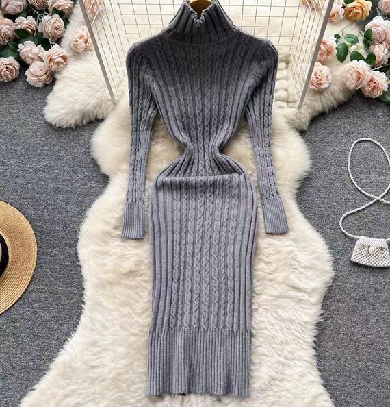 Women Autumn Winter Slim High Neck Long Sleeves Long Dress Knitted Sweater Dress