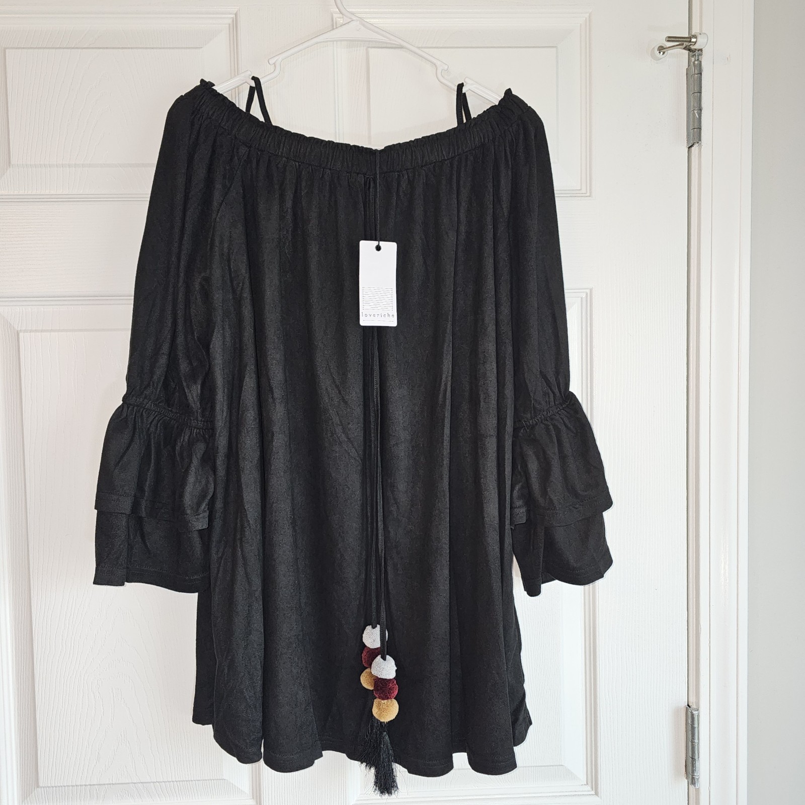 NWT Love Riche Pom Pom Tassel Bell Sleeve Off Shoulder Black Mini Dress 2X Boho