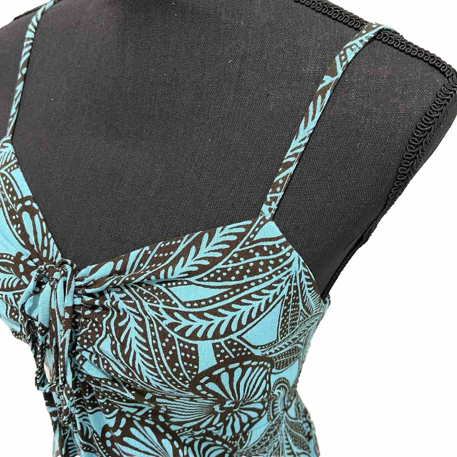 Piramide Clothing Company Handmade Teal & Brown MIDI Dress 100% Rayon Sz M EUC
