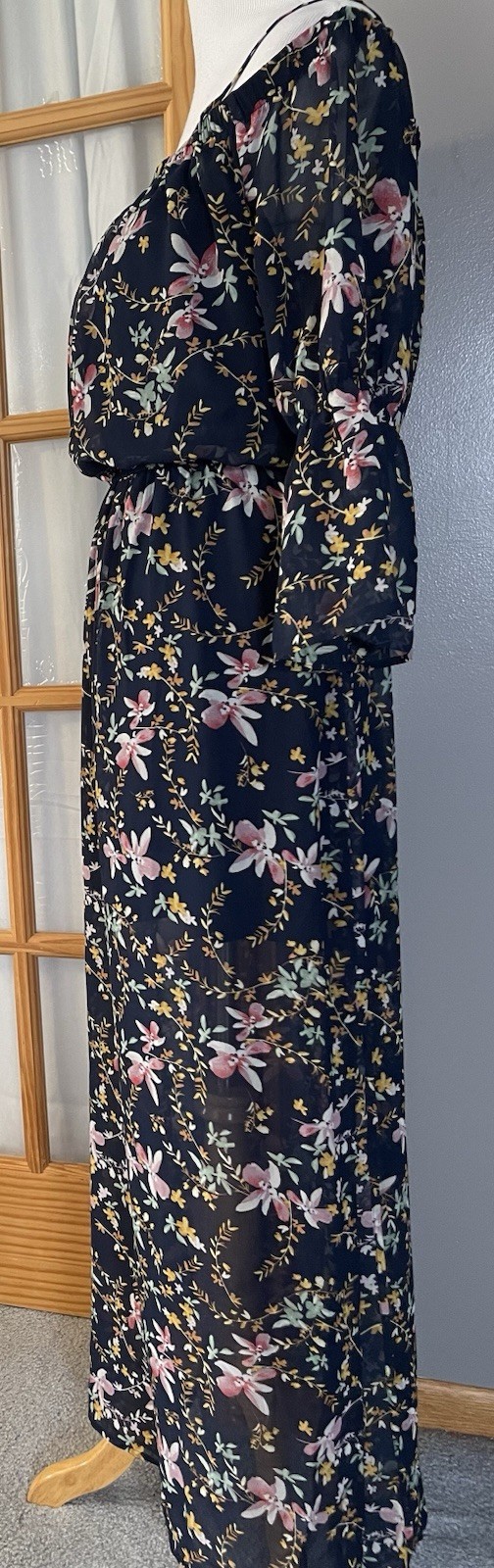 Off The Shoulder Floral Maxi Dress Sz L Navy Gold Elastic Waist Prairie Beach