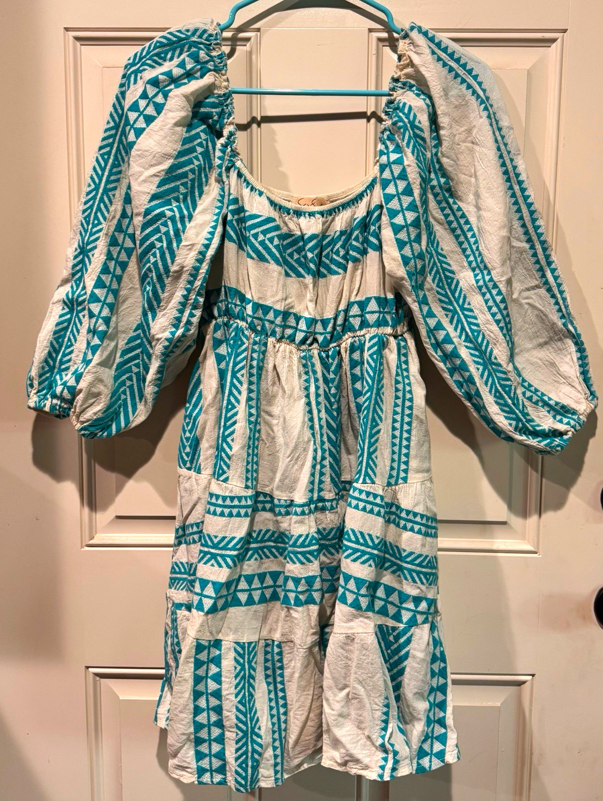 Sofia made in Italy White Blue Geometric Smocked Puff Sleeve Dress with Pockets
