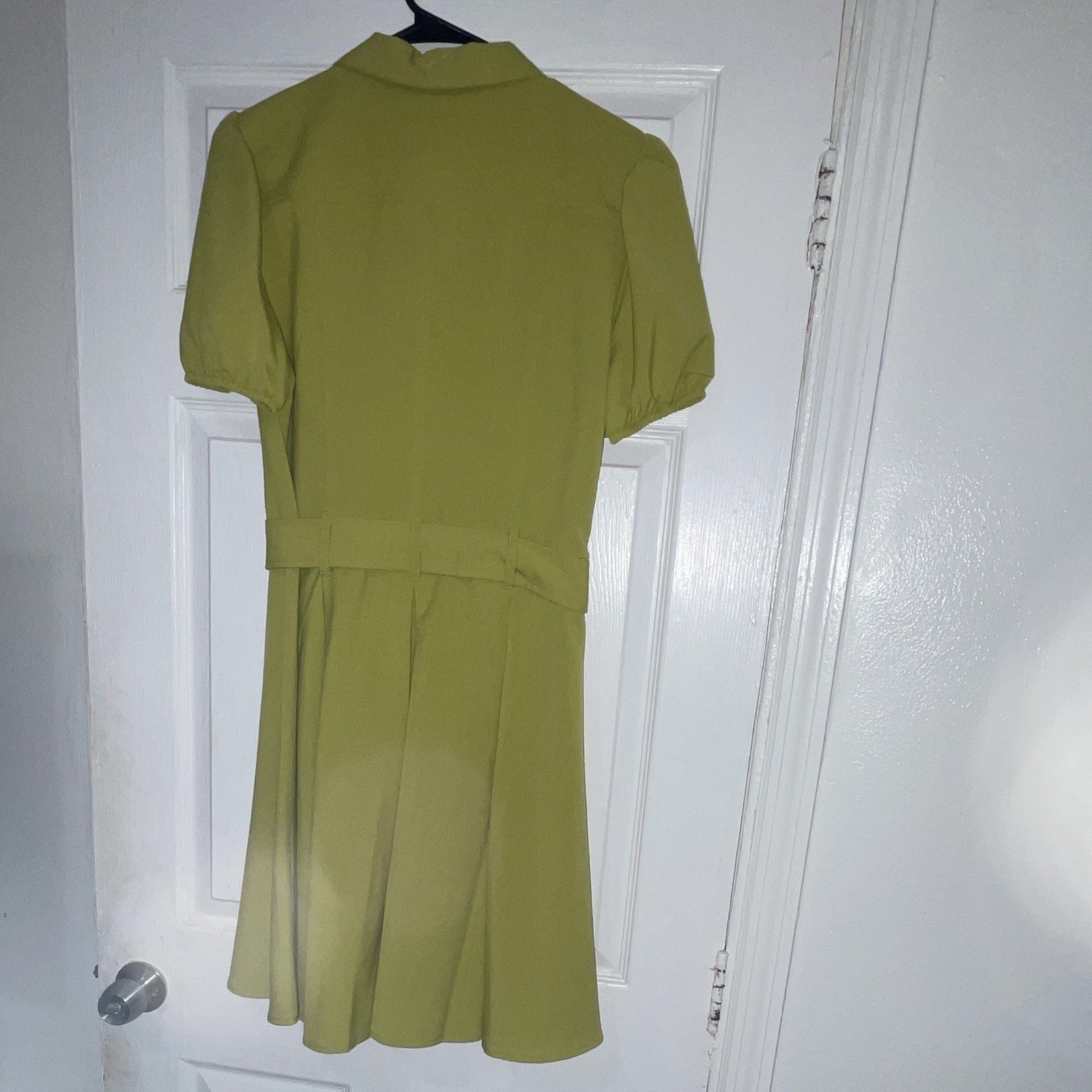 Theory 38 Green Solid Silk Shirt Dress Collared Short Puff Sleeve Belted 0