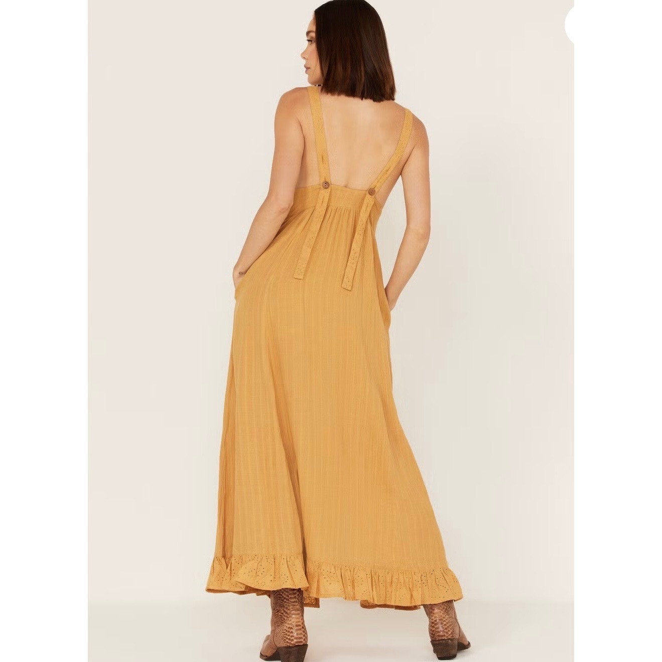 Cleo + Wolf Gold Textured Eyelet Bib Maxi Dress Boho Western Small