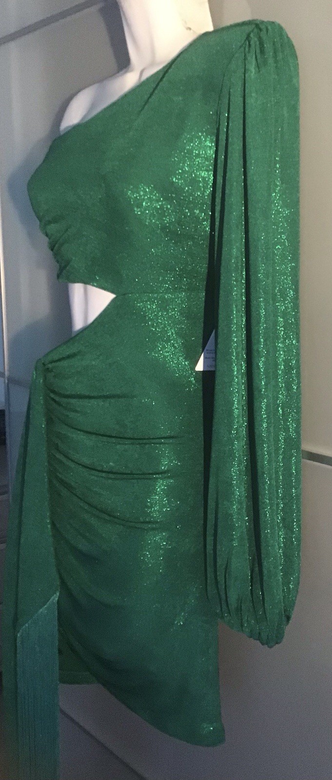 NADINE MERABI ONE SHOULDER MINI DRESS WITH FRINGE DITAIL NIKKI GREEN DRESS S/M
