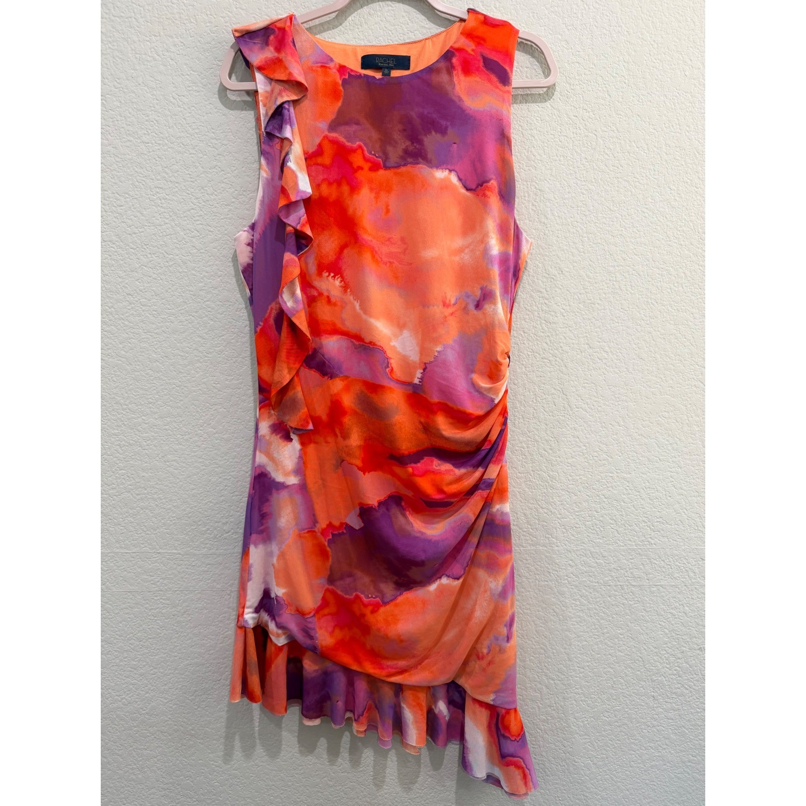 Rachel Roy Ruffle Mini Dress Multicolor XL Watercolor Mesh Ruched Asymmetrical