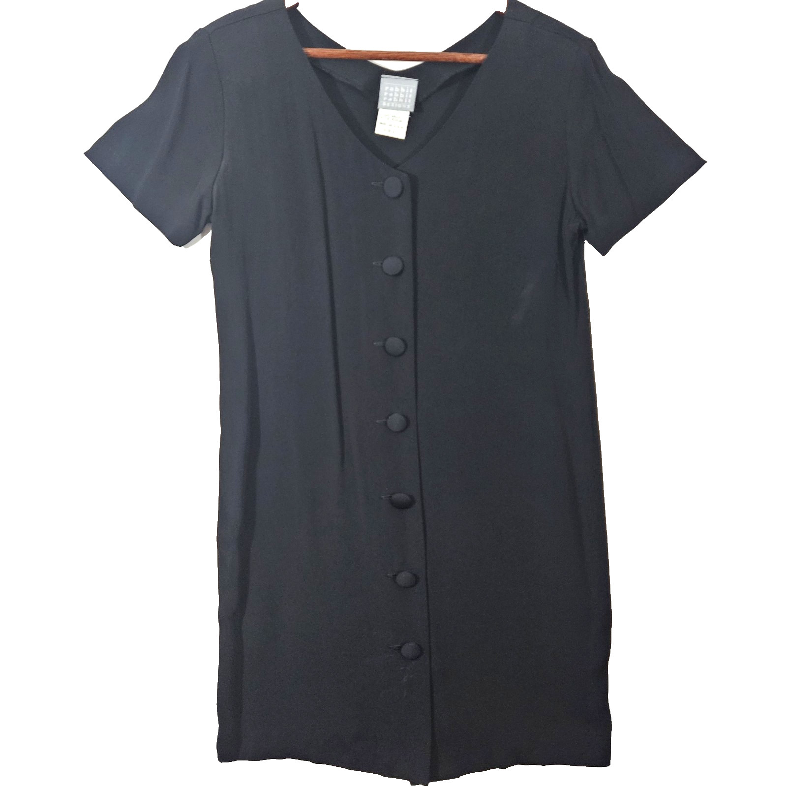 Rabbit Design Size 6 Little Black Dress Covered Buttons Down Front Crepe Vtg USA