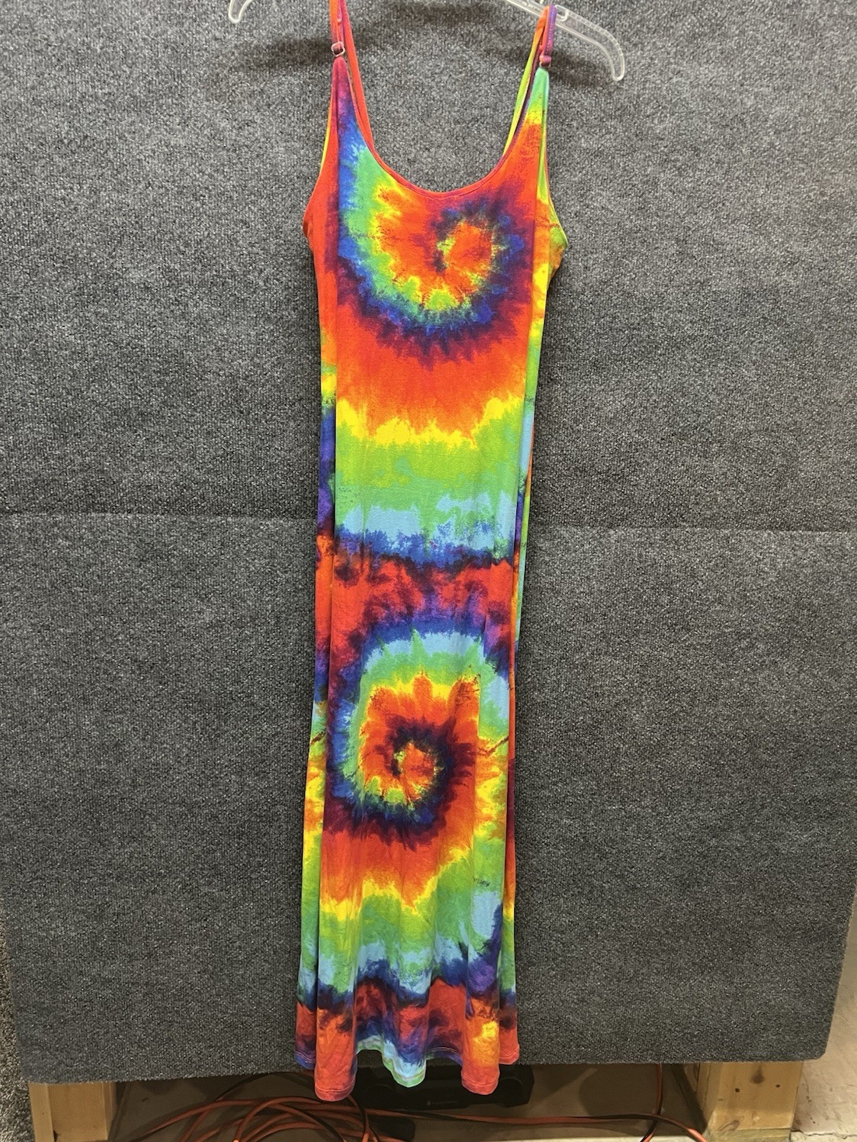Tie Dye Multicolor Rainbow Spiral Scoop Neck Spaghetti Strap Maxi Dress S