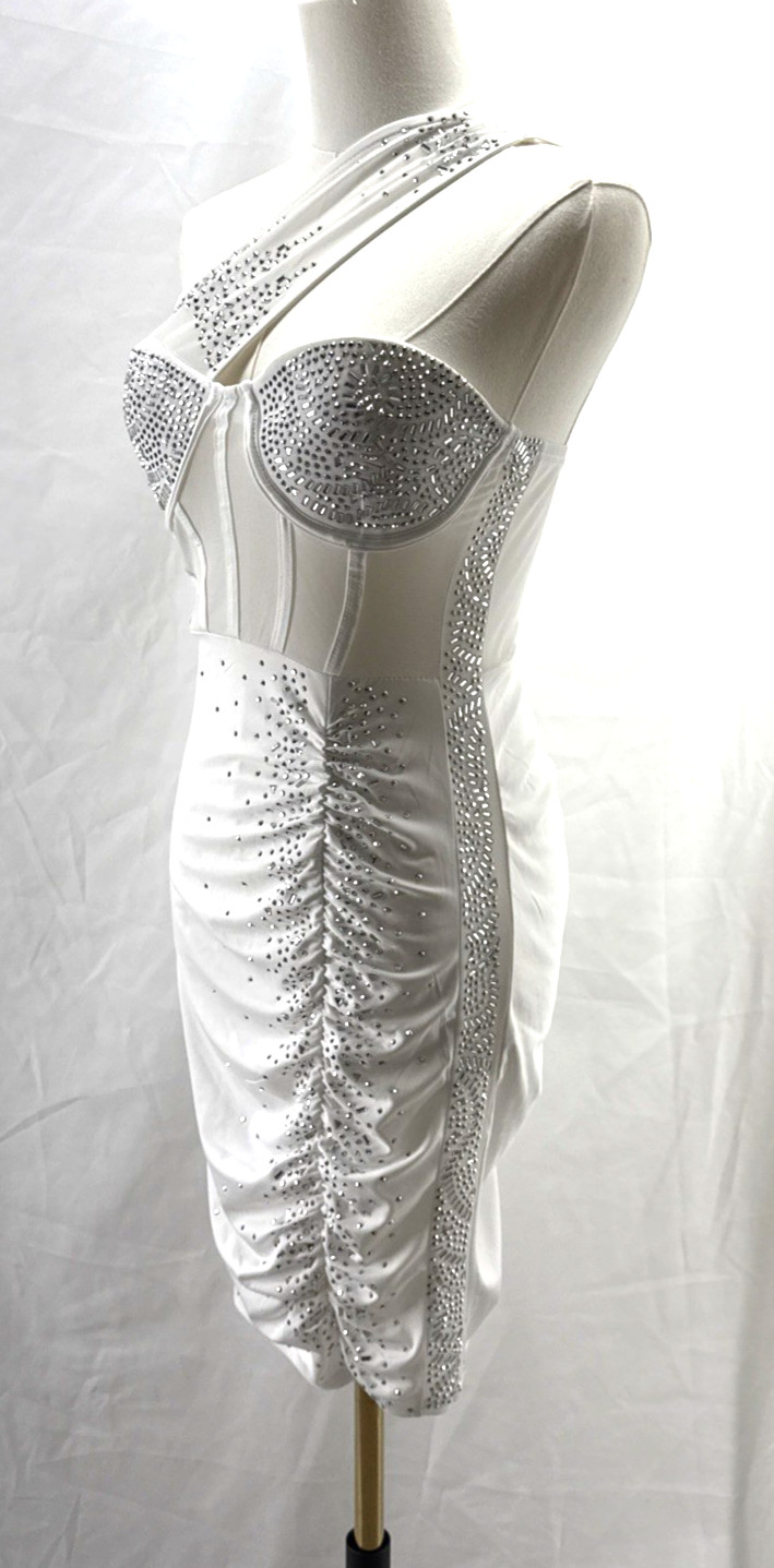 White Corset Mesh Mini Dress sz M One Shoulder Embellished Rhinestone Coquette