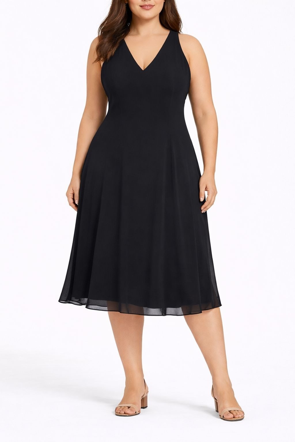 Black Sleeveless Chiffon Dress With Sheer Back & Tiered Ruffle Accent Mid-Length