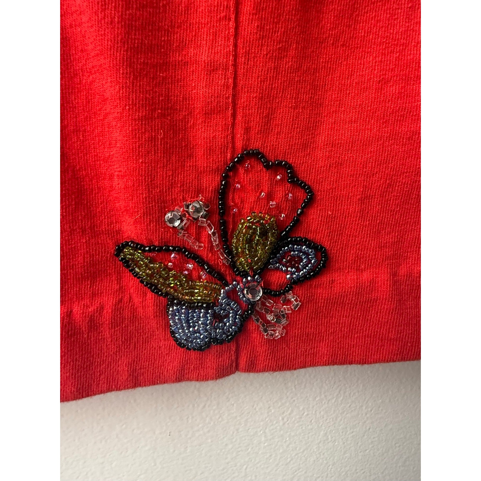 Vintage 90s Red Beaded Butterfly Maxi Dress Beach Coverup Coastal Grandma Top XL