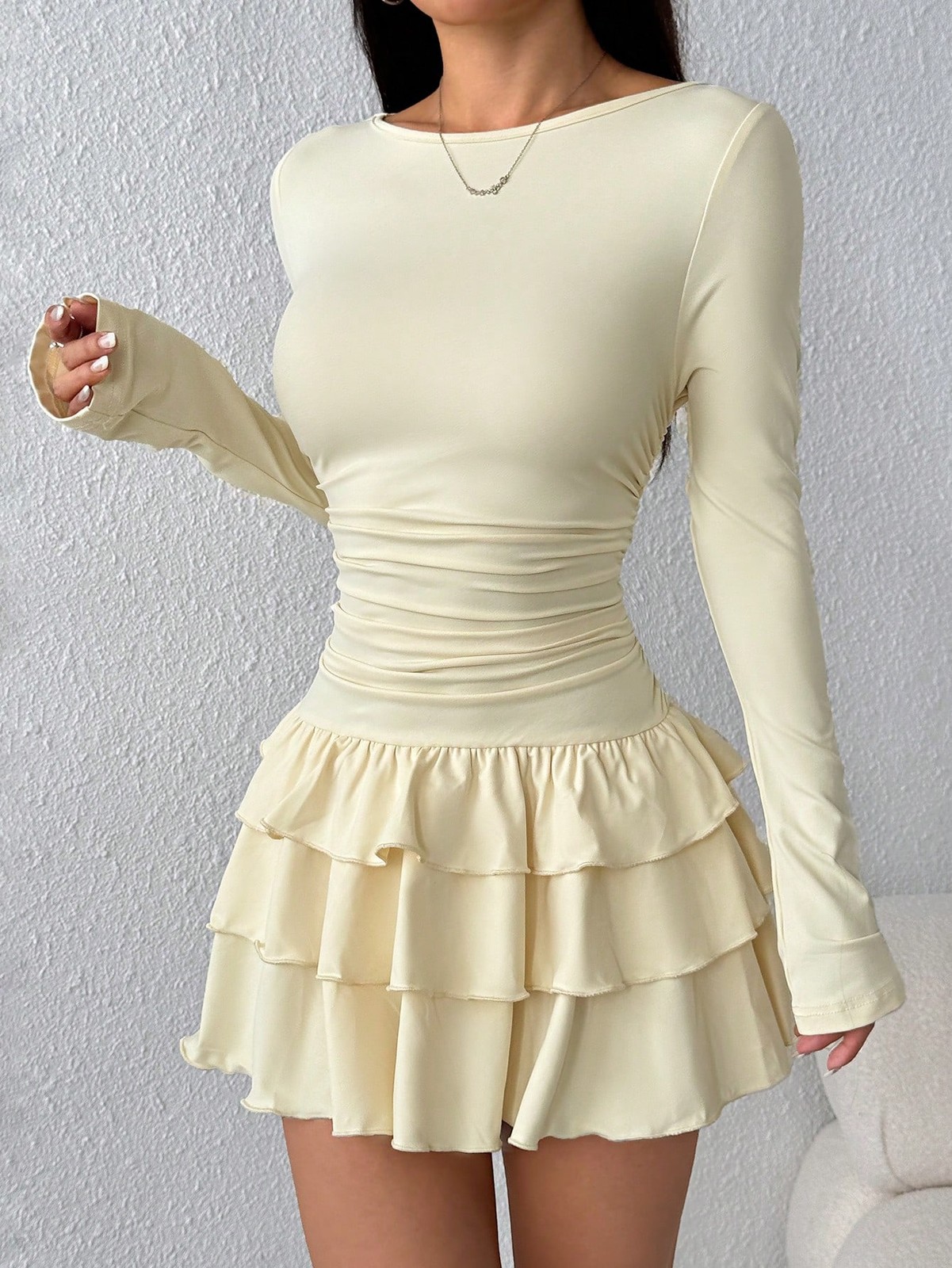 Womens Casual Solid Ruffle Hem Mini Dress
