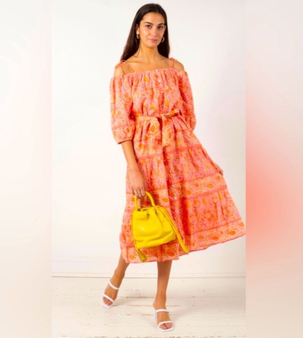 Cleobella Violet Midi Dress Blossom Floral Block Print Orange Peach Pink Medium