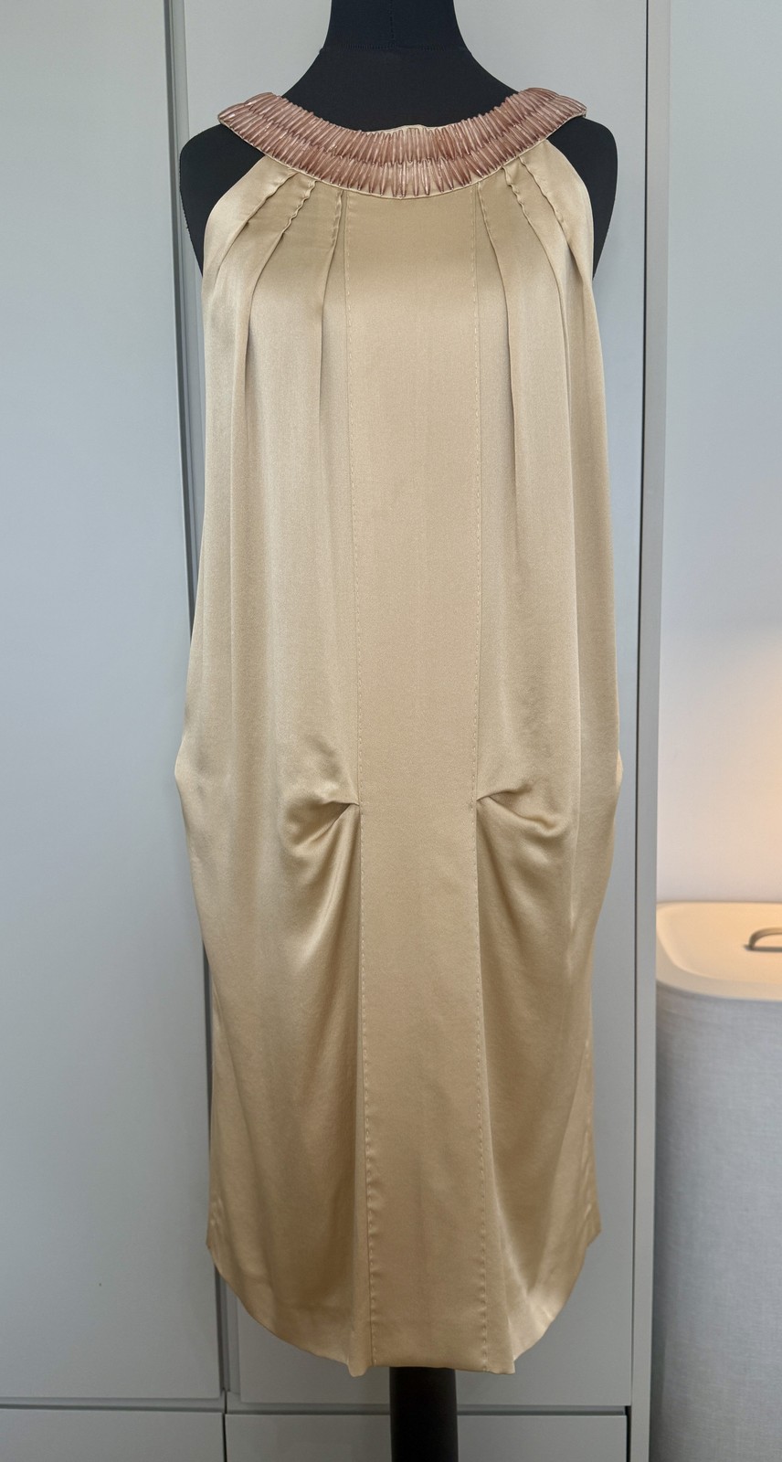 Alberta Ferretti 100% Silk Beaded Halterneck Cocoon Dress UK 6 Champagne Gold