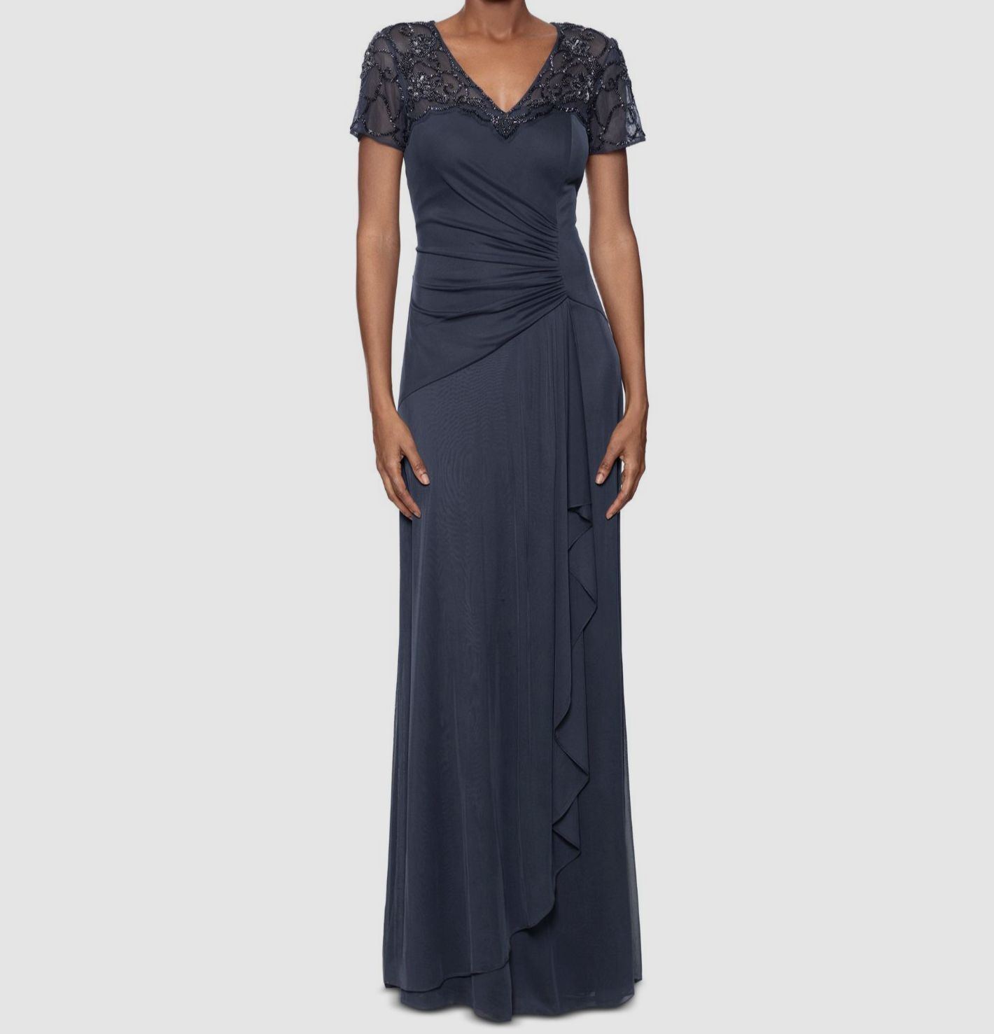 Xscape Women’s Blue Sequined Lined V Neck Mesh-Sleeve A-Line Dress Size 14