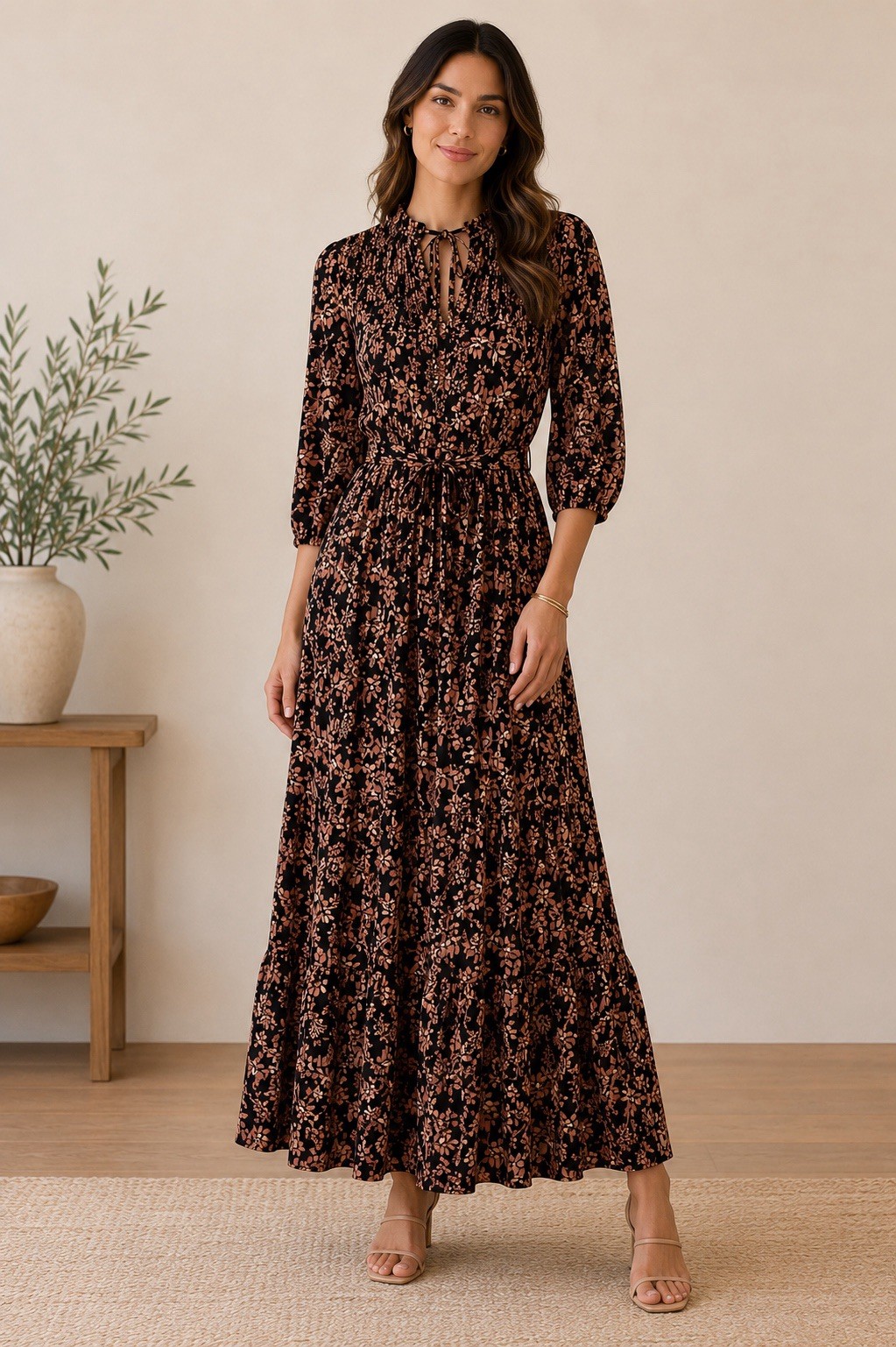 Calvin Klein Black Brown Floral Maxi Dress Pockets Smocked 14 Cottagecore
