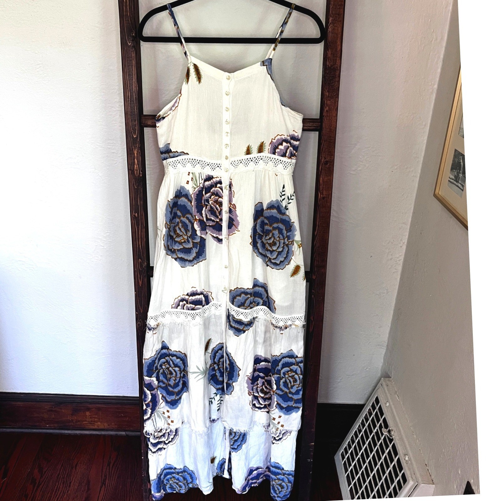 Farm Rio White Blue Floral Crochet Lace Button Front Tiered Maxi Dress Sz M