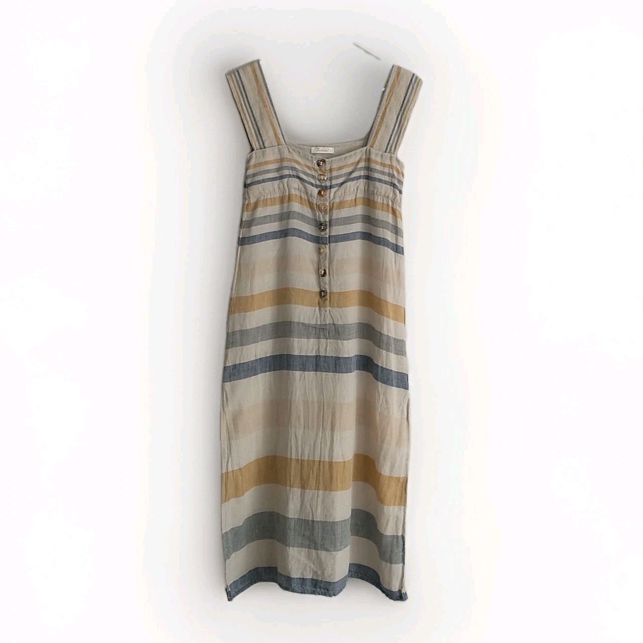 Prelude Maxi Dress S/XS*Striped Linen Button Sleeveless Straps Square Shift Slit
