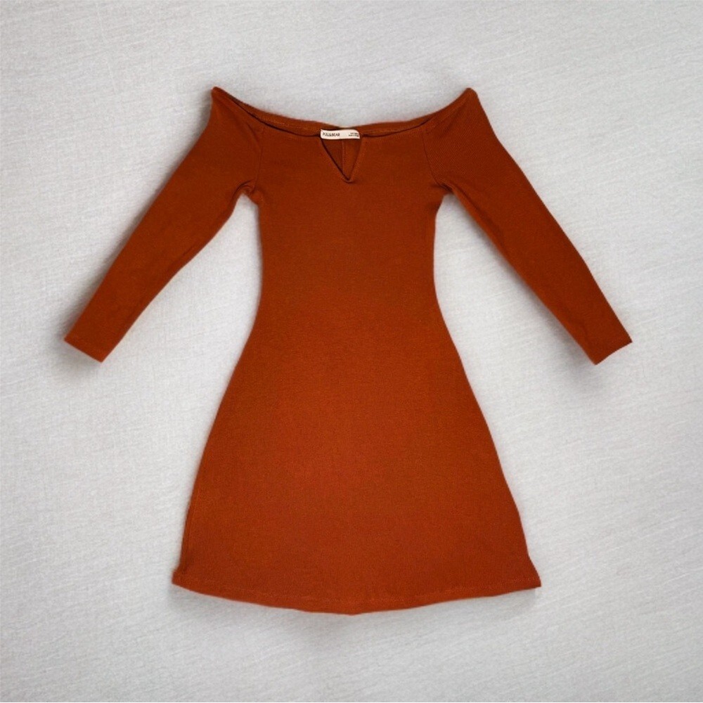 NWOT Pull & Bear 3/4 Sleeve Ribbed Knit Bodycon Mini Dress – Rust Orange, Size S