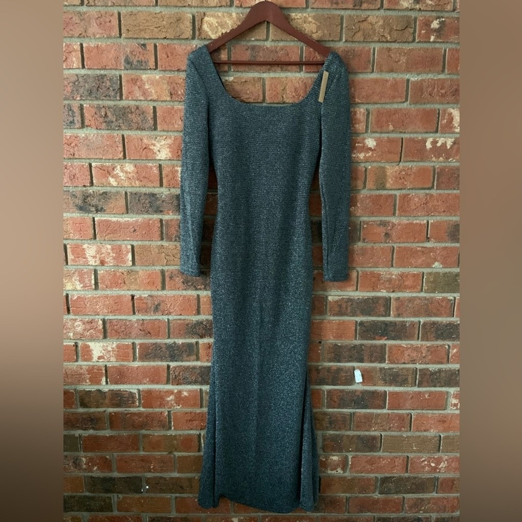 Shapellx Elegant Silver Metallic Stretch Long Sleeve Dress