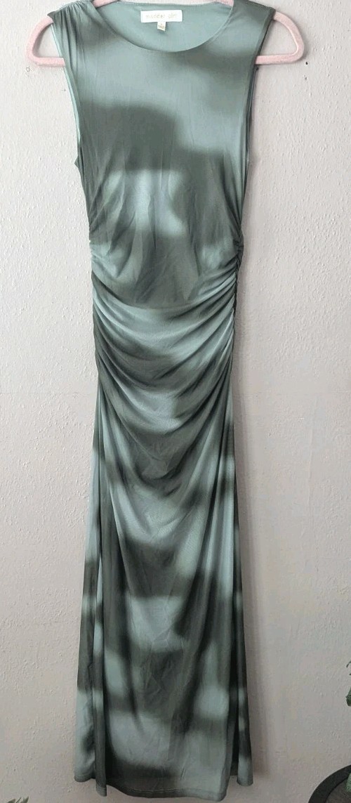 Madden Girl Bodycon Ruched Side Mesh Maxi Dress Green Lined Fitted Sz Small NWT