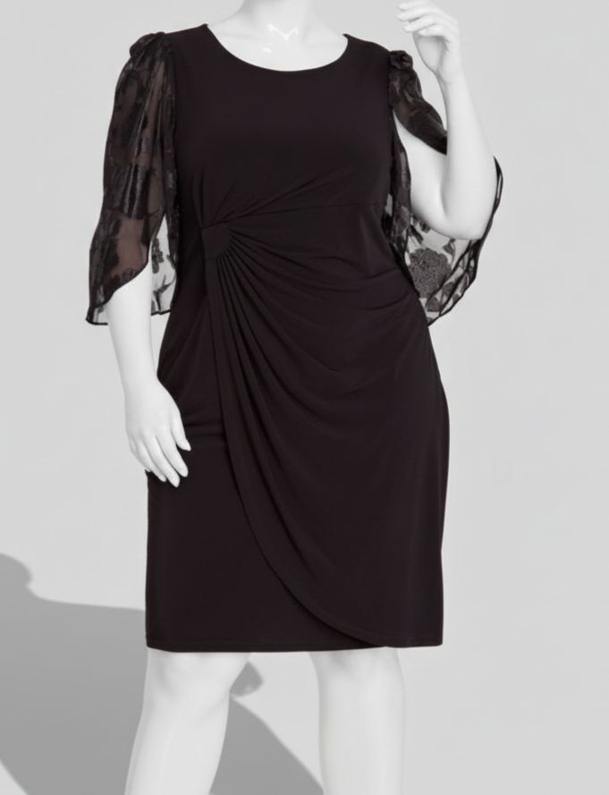Connected Women Black Cape-Sleeve Side-Ruched Dress Plus Size 14W